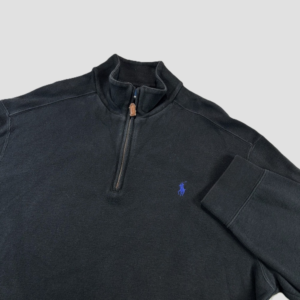 Polo Ralph Lauren Quarter Zip Pullover XL Black Estate Rib Cotton Blue Pony Logo